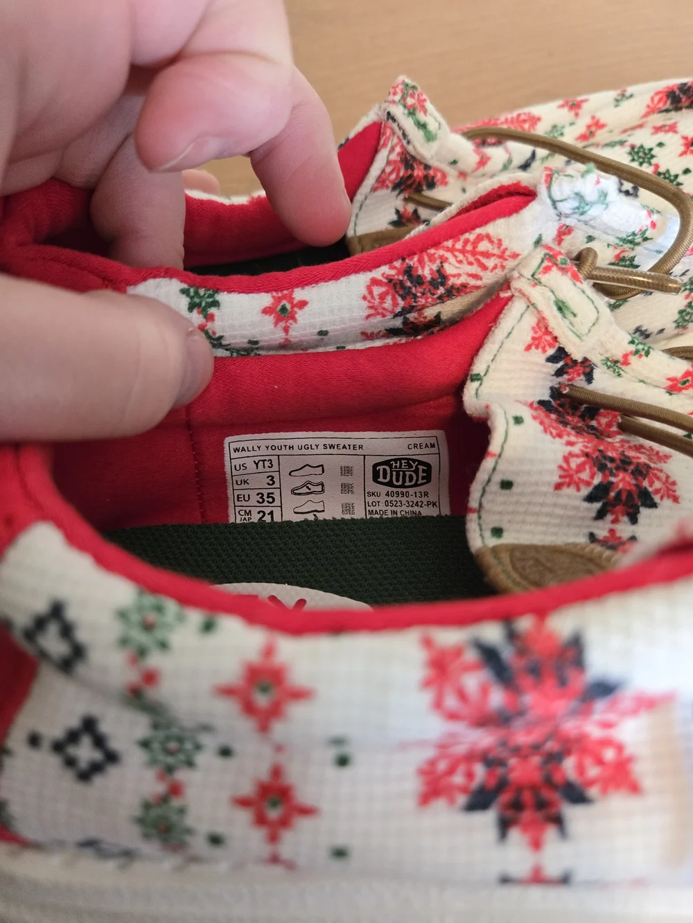 Hey Dude Kids White Slip-On Sneakers with Red and Green Pattern